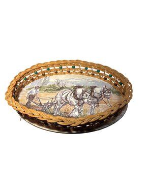 mperial Melamine Wicker Basket Tray Beaded Rim Shires Plowing Scene 12" Vintage